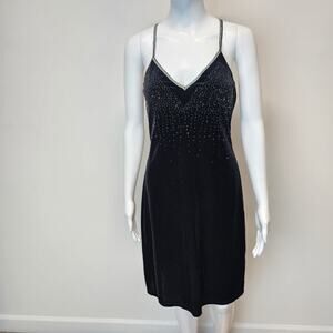 Vtg 90s California Concepts Embellished Velvet Mini Dress Size L Black V-neck